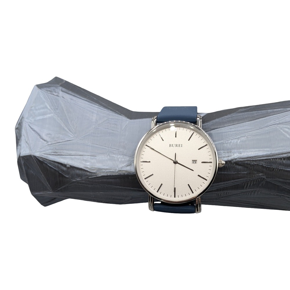 BUREI Mens Minimalist Quartz Wrist Watch Silver Blue Silicone Date Indicator